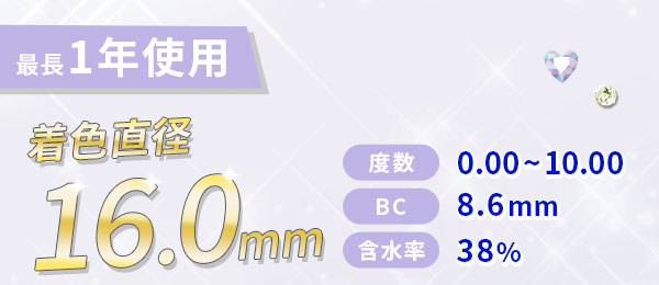 最長1年使用 着色直径 16.0mm　度数0.00～-10.00 BC 8.6mm 含水率 38%